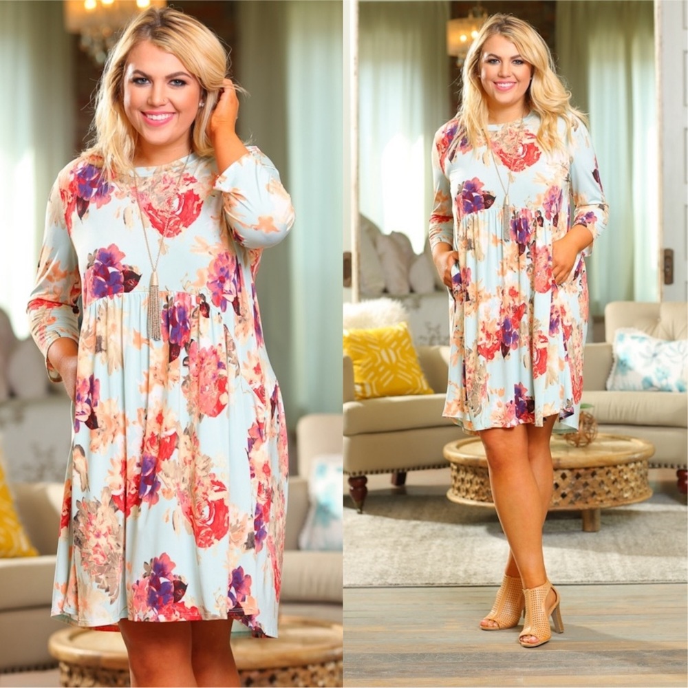 PLUS Mint Floral 3/4 Sleeve Dress - Picture 2 of 3